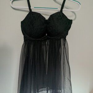 Victoria's Secret Chemise Womens 36D Black Lace Tulle Babydoll Lingerie
